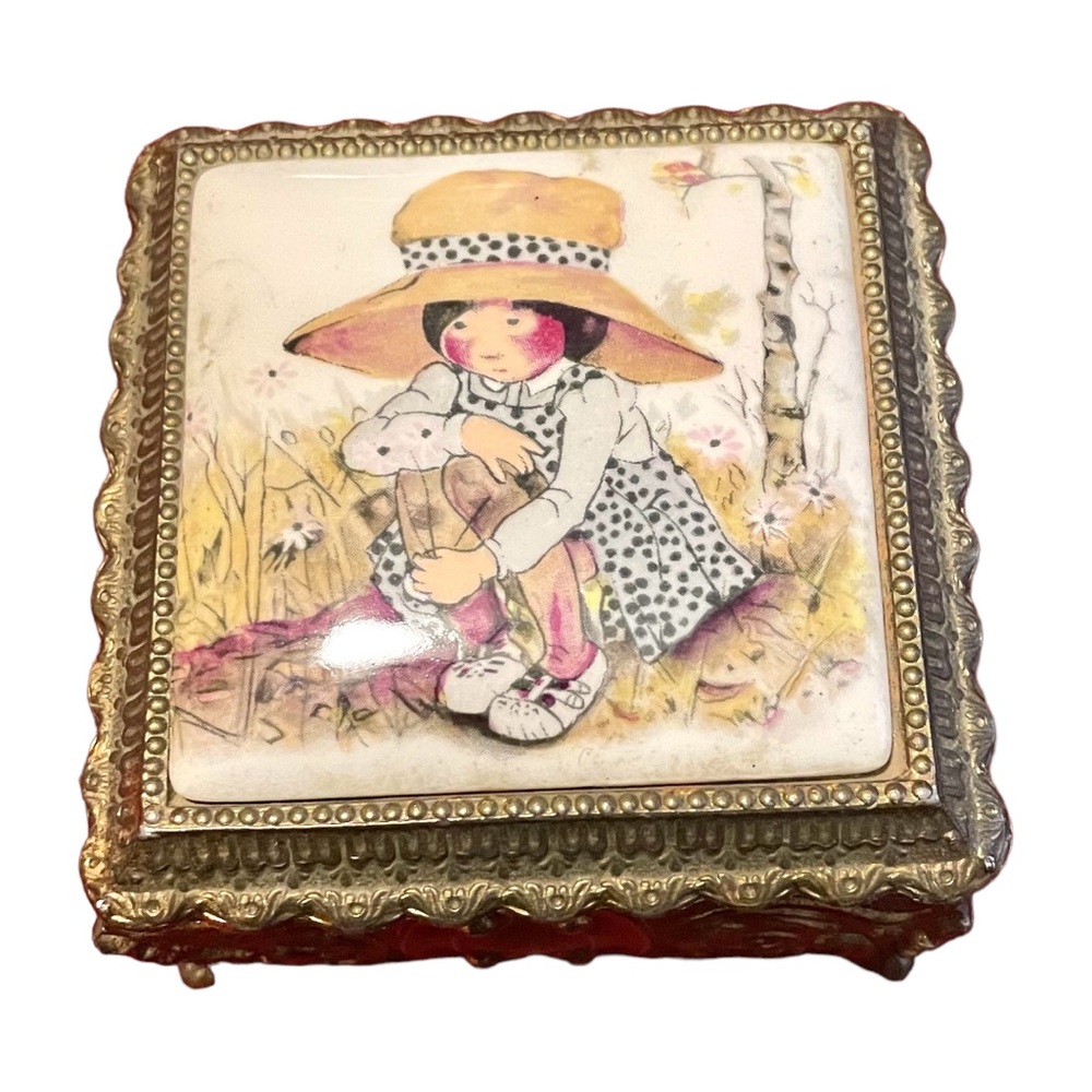 Vintage Holly Hobbie Trinket Box Gold Metal with Enamel